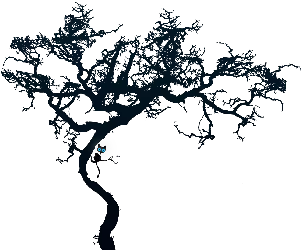 Cat in dark tree in background