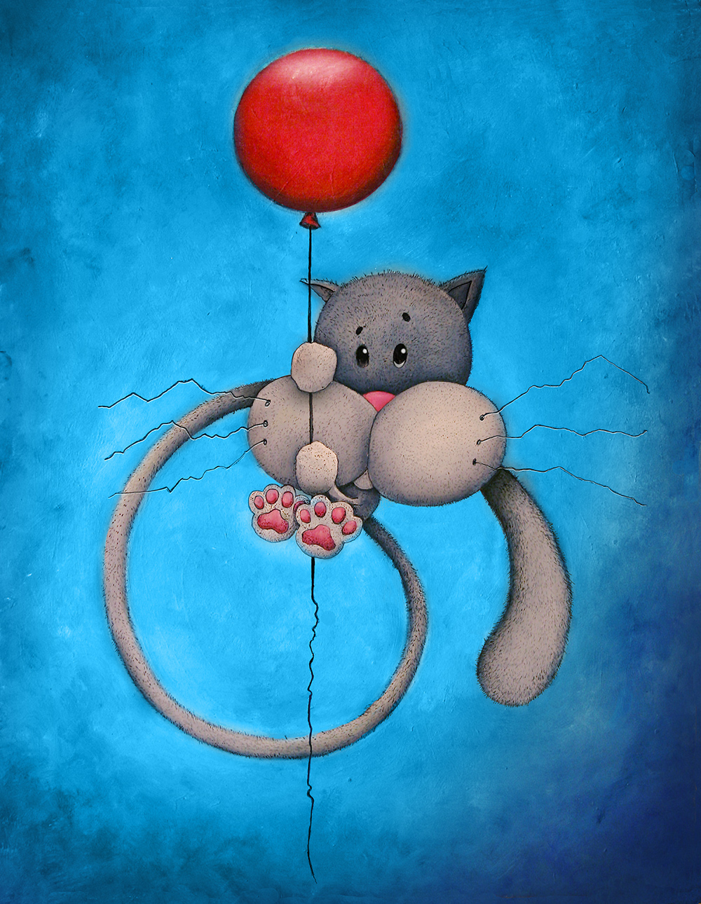 Cat holding onto balloon