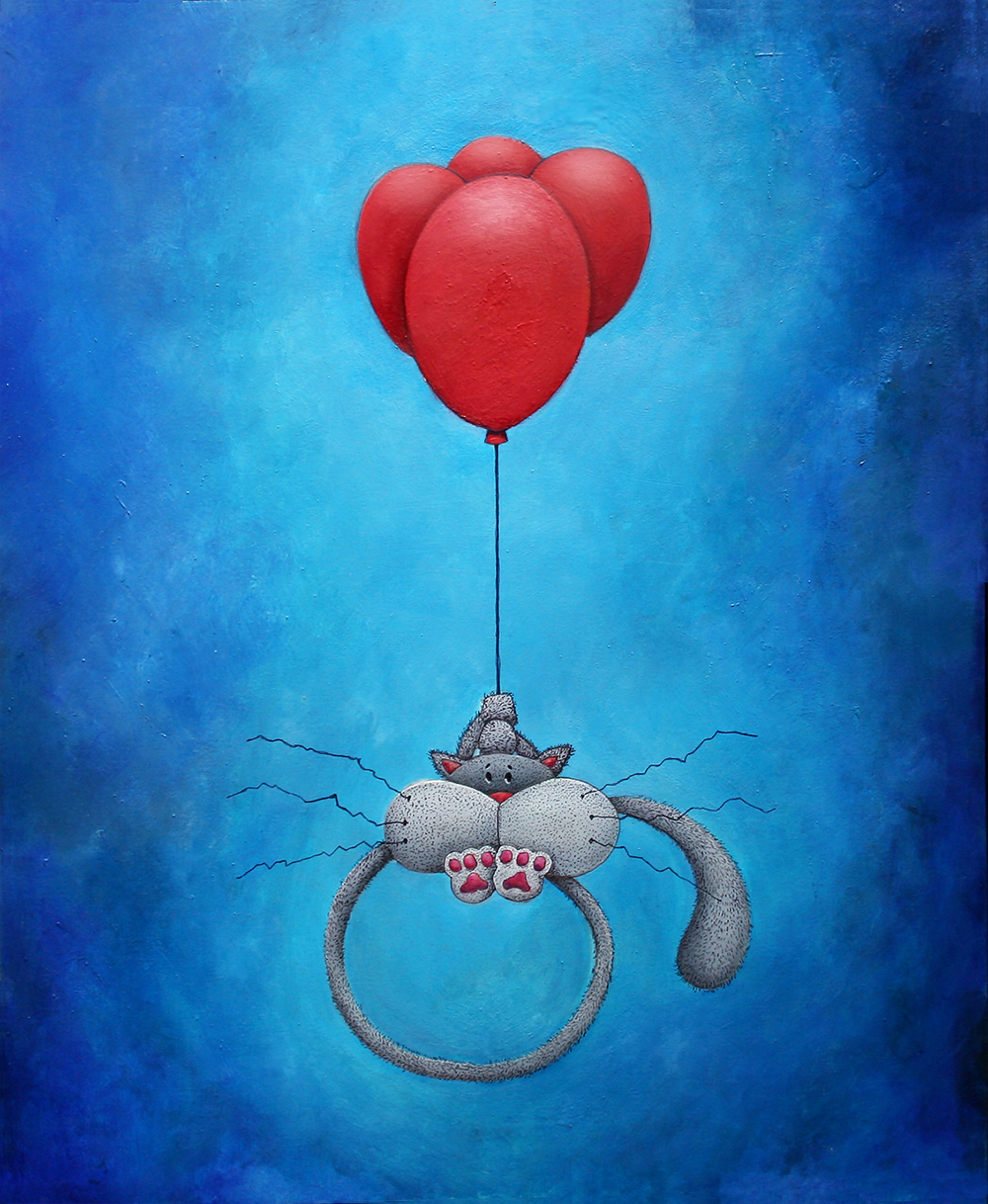 Cat holding onto 4 ballons and floating upward