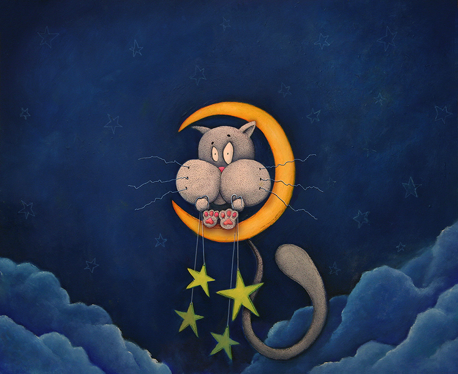 Cat siting on moon holding stars