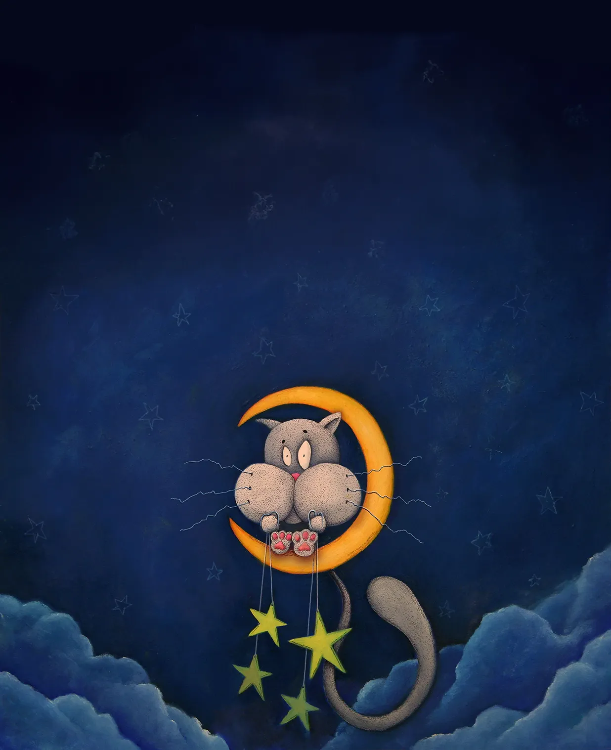 Cat siting on moon holding stars