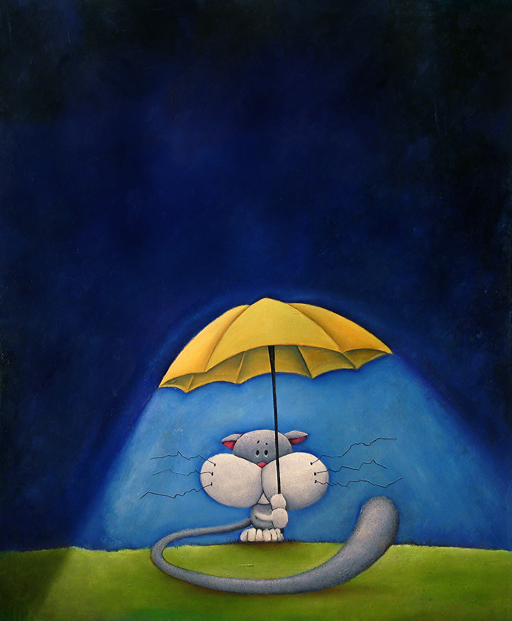 Cat hidding under yellow umbrella