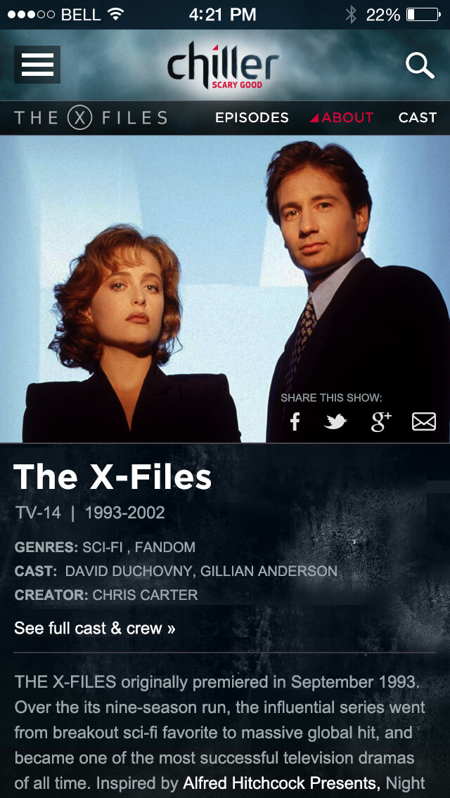 Details page with main X-Files image at top and social sharing options