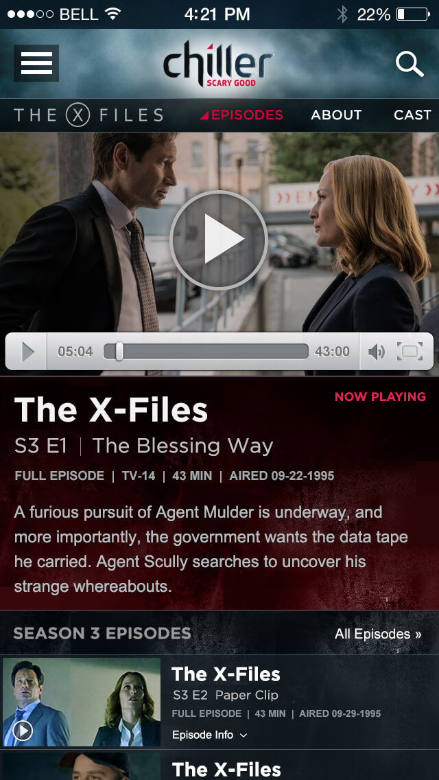 Mobile Video Player featuring full episode of X-files