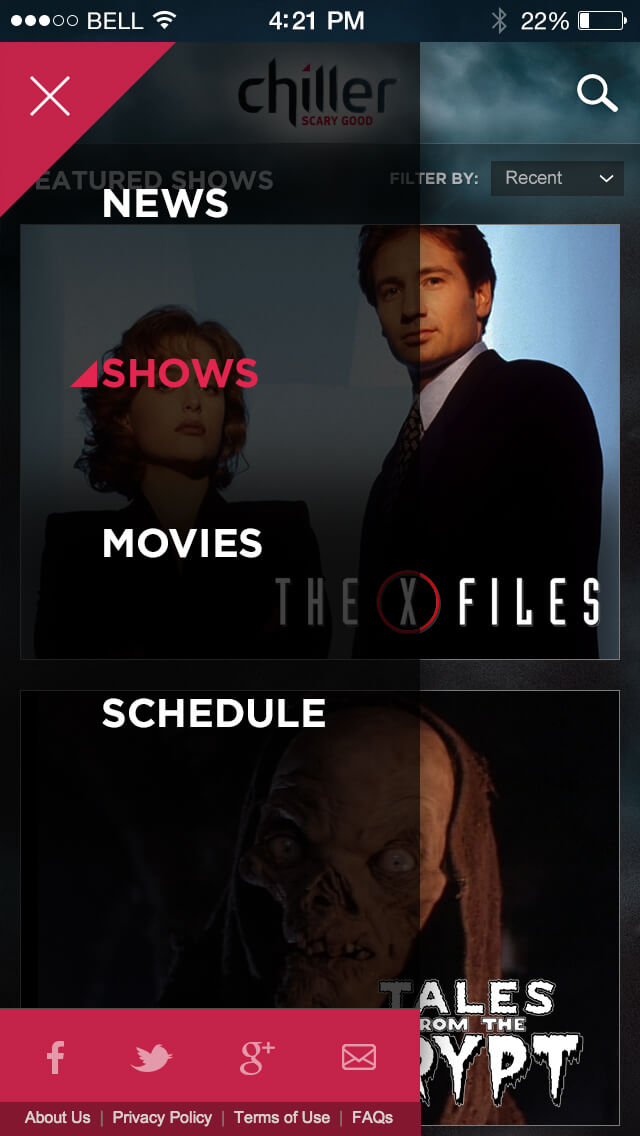Mobile view showing menu options overlay, shows selected