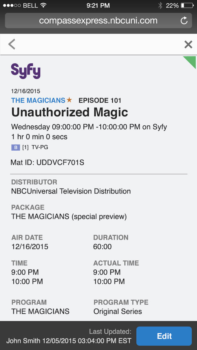 The Magicians episode information, edit option button at the bottom