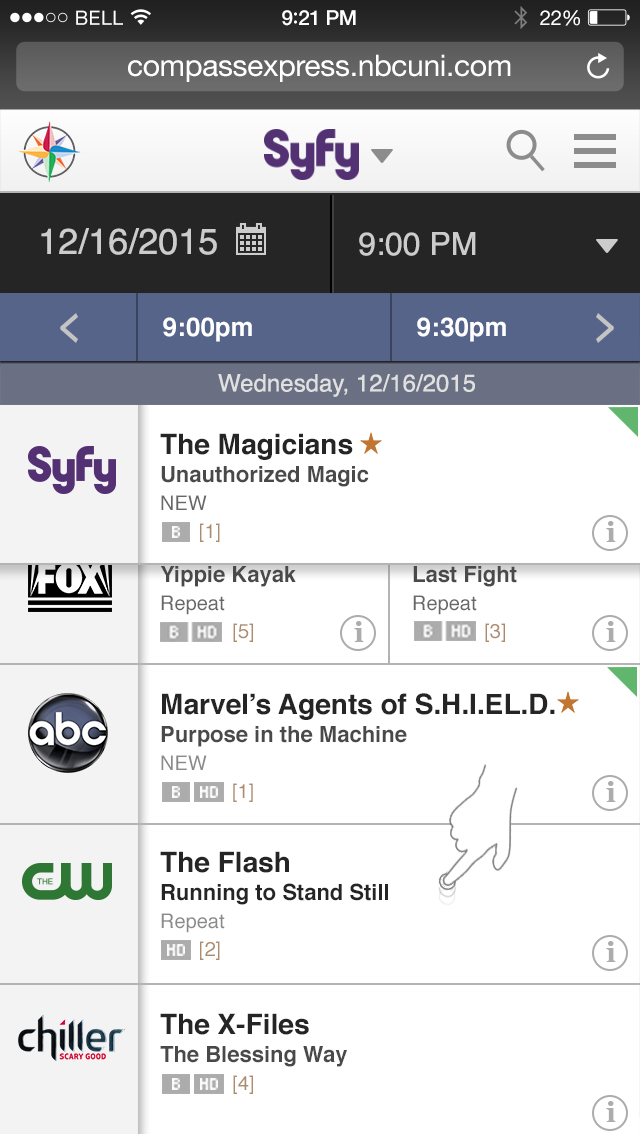 Shows listed vertically according to time and network