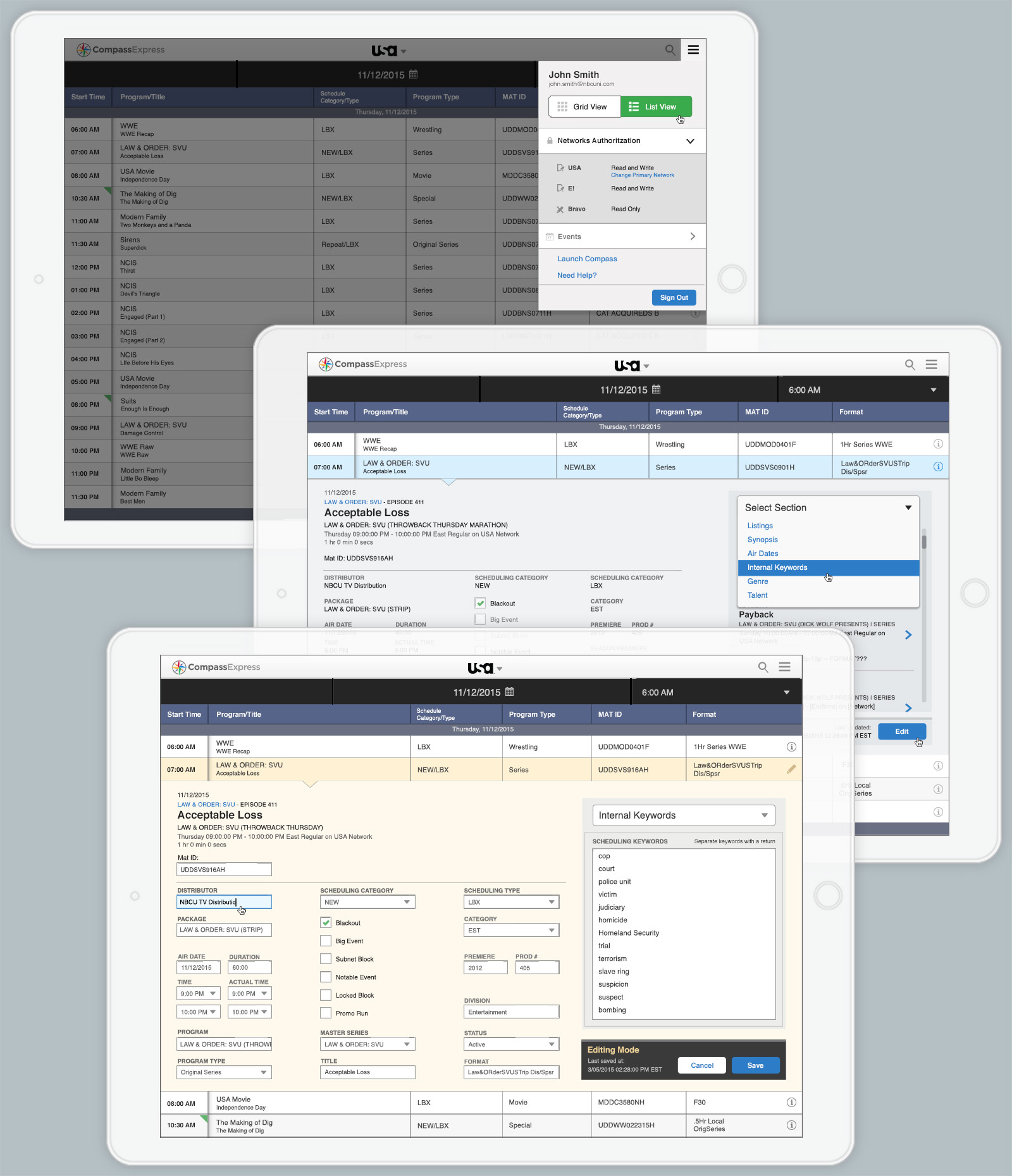Three horizontal tablets viewing the USA Network