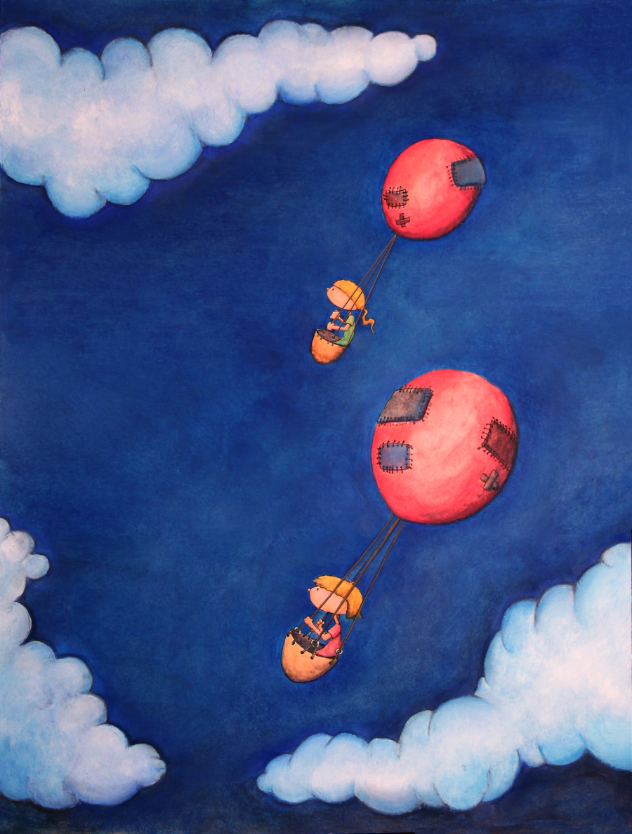 Two kids riding in balloons