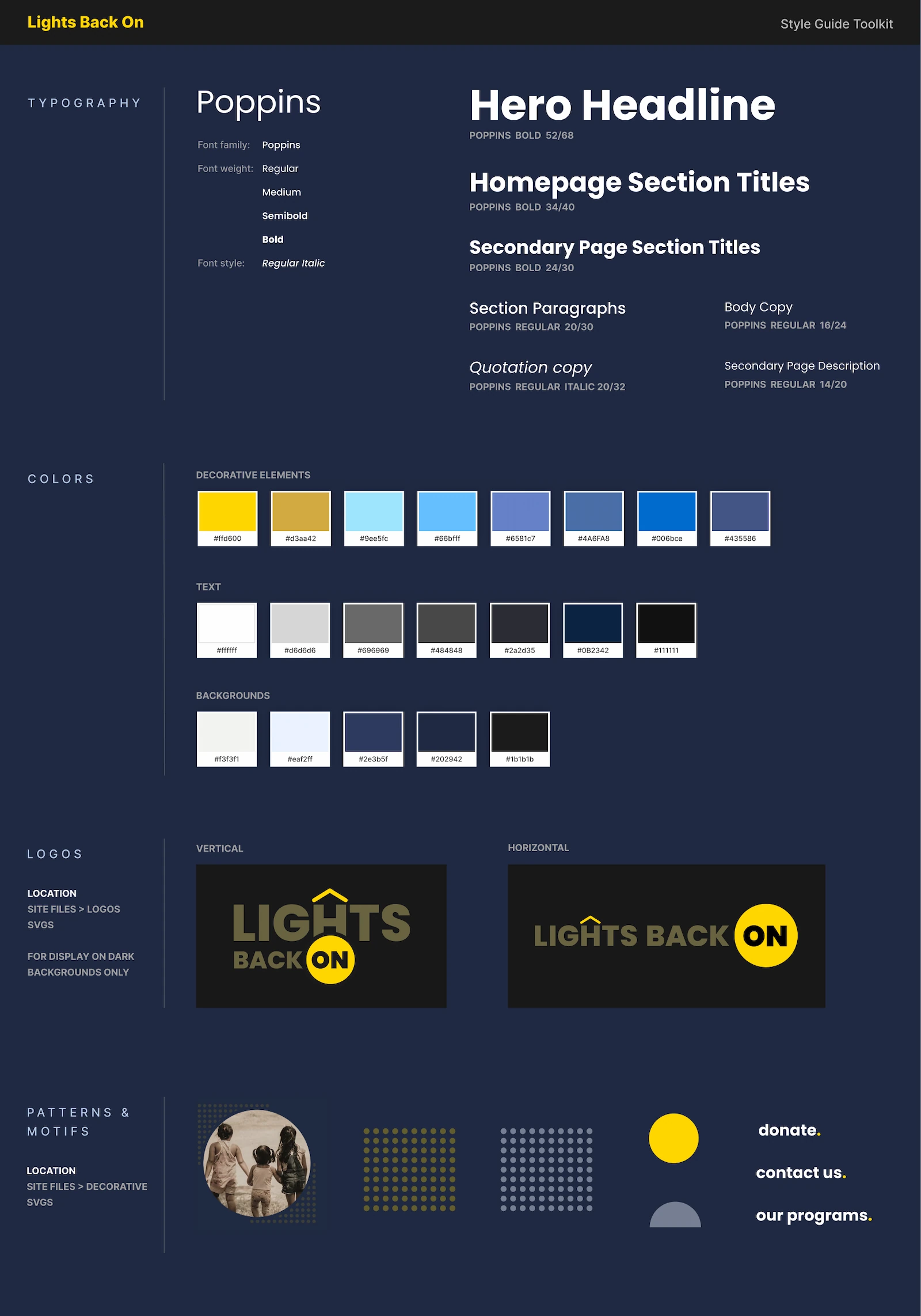 First section of the Style Guide Toolkit showing typography, color palette, logos, patterns, and motifs