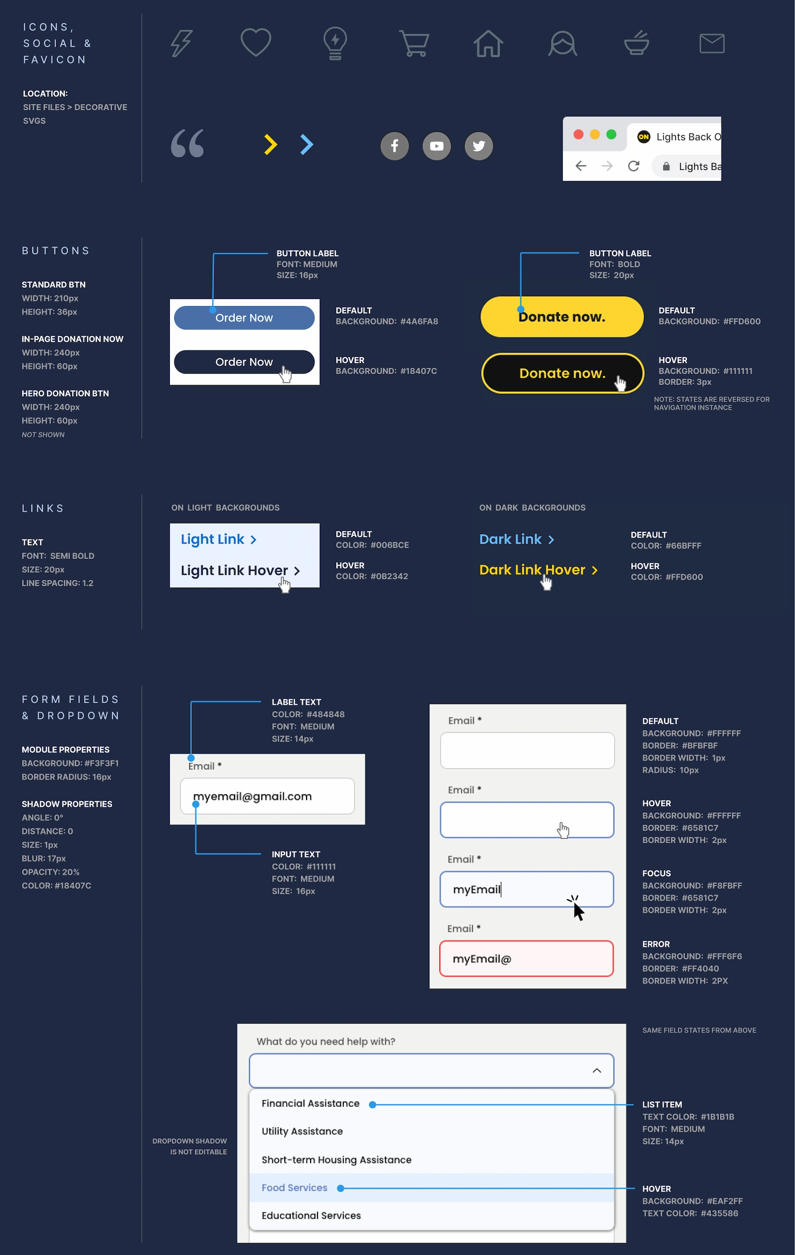 Second section of the Style Guide Toolkit displaying icons, social and favicons, buttons, links, form fields, and dropdowns