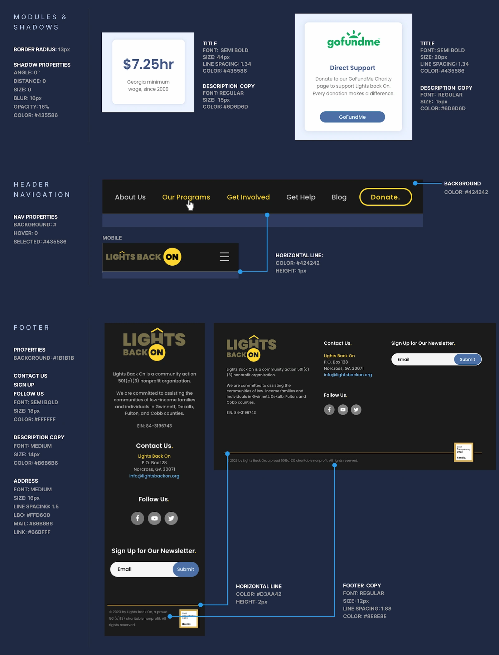 Third section of the Style Guide Toolkit featuring modules and shadows, header navigation, and footer elements
