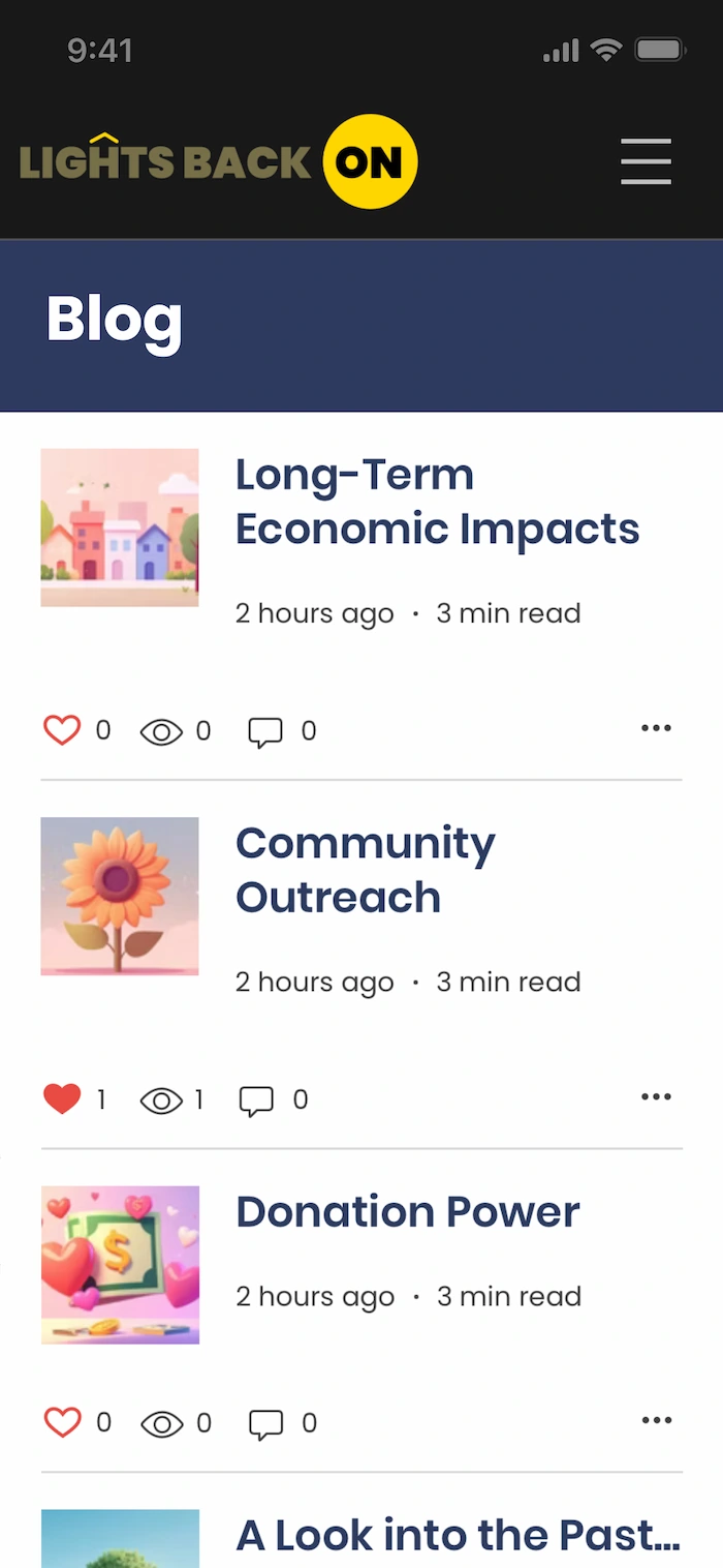 Blog page mobile view showing recent posts like Long-term Eco Impacts, Community Outreach, and Donation Power