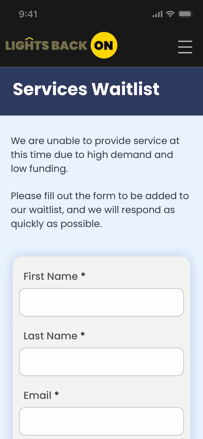 Get Help page mobile view with Services Waitlist header, description, and assistance request form