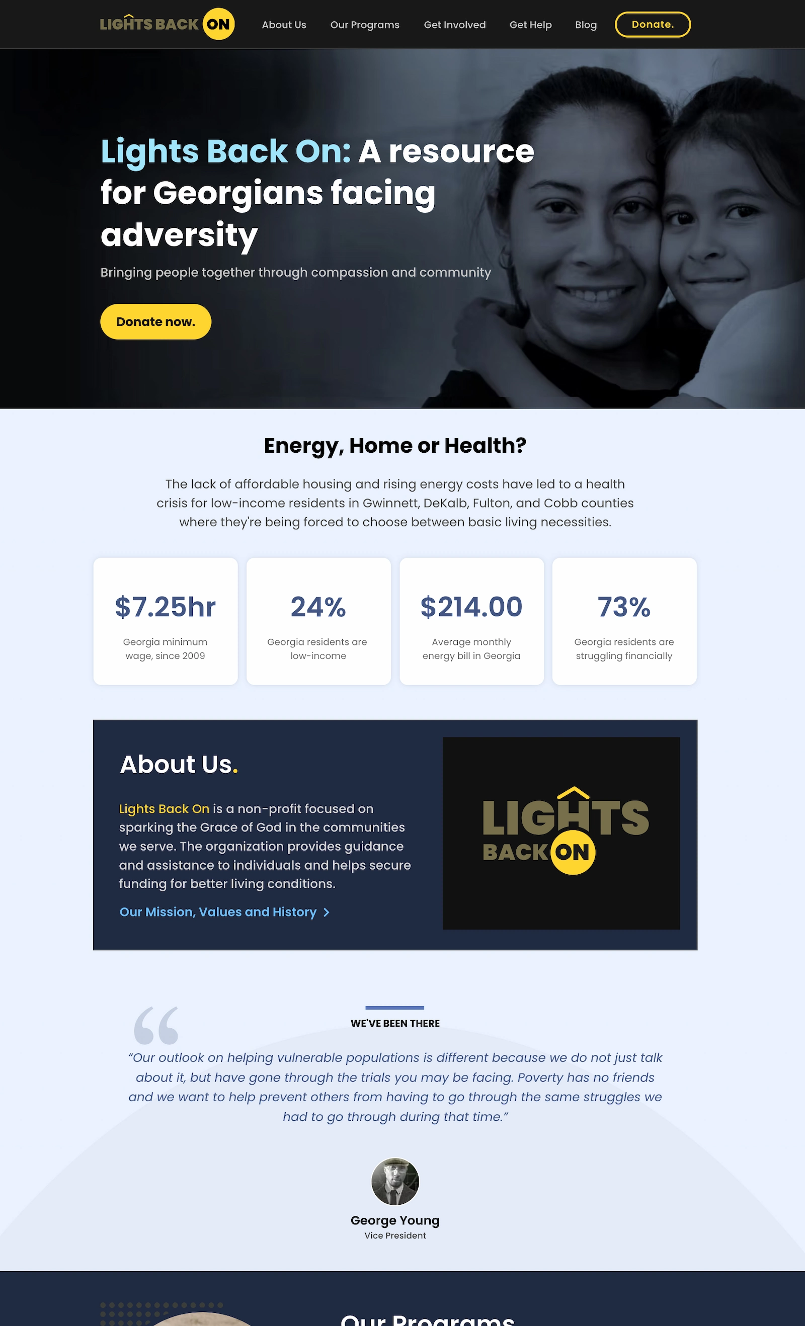 Homepage hero with headline, yellow donate button, key community stats, About Us, and VP statement