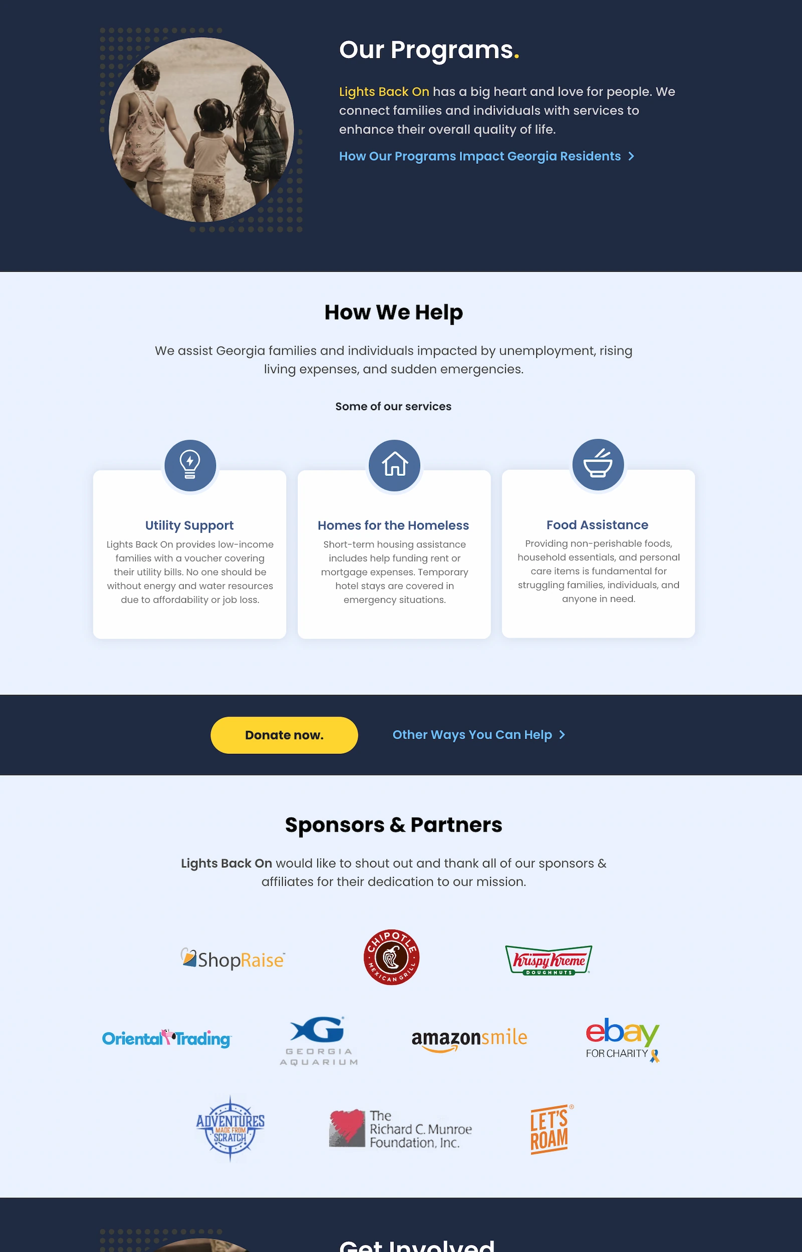 Our Programs section listing utility, housing, and food assistance, donate button, and sponsor logos