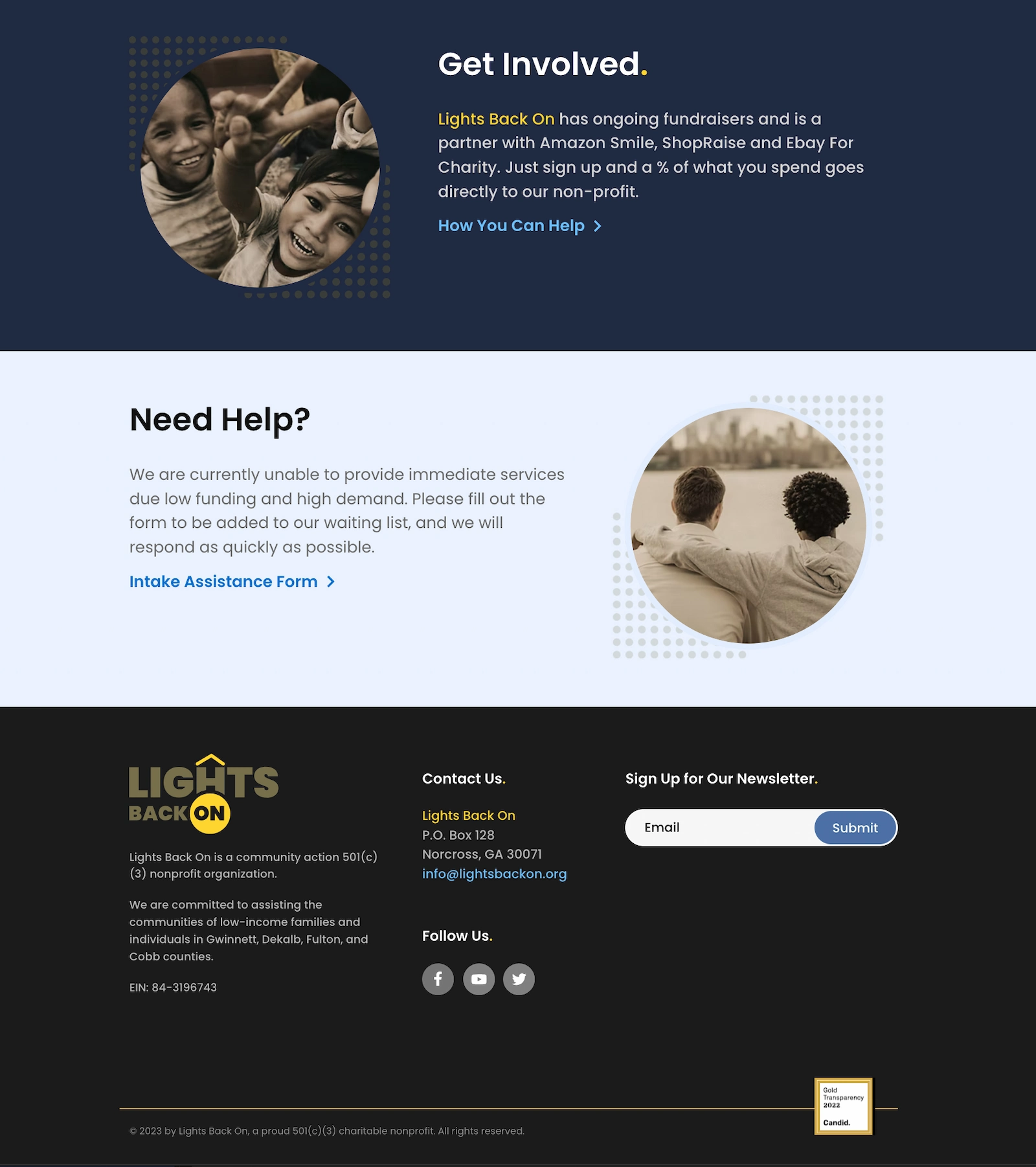 Get Involved and Need Help sections with links, plus footer with contact info and newsletter signup