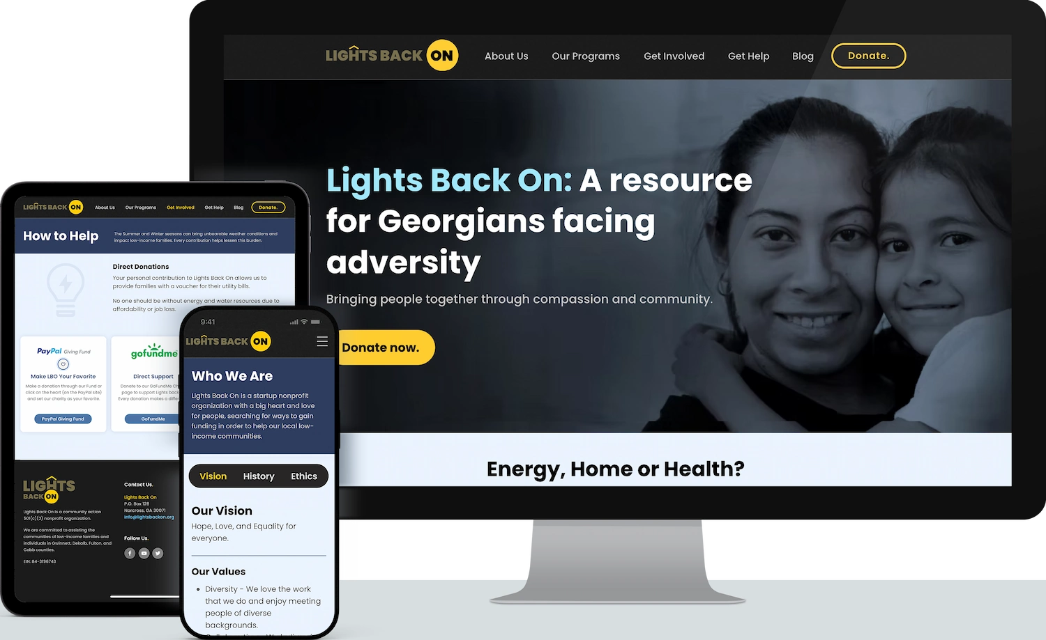 Hero showcase with homepage in black-and-white on a monitor, How to Help page on a tablet, and Who We Are page with vision and values on a mobile phone in the foreground