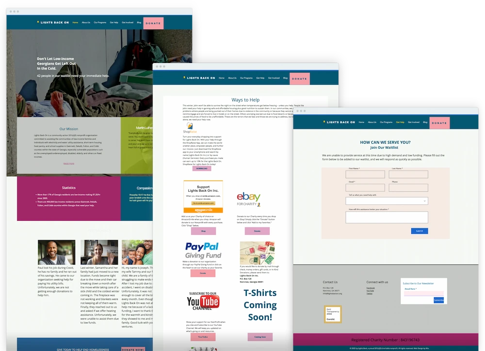 Screenshot showing the original Homepage, Ways to Help, and Get Help pages before redesign, illustrating cluttered layout, inconsistent styling, and confusing navigation