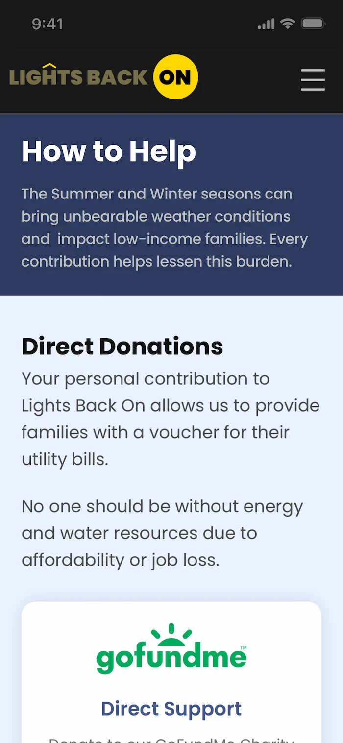 How to Help page mobile view with header, donation info, and GoFundMe link