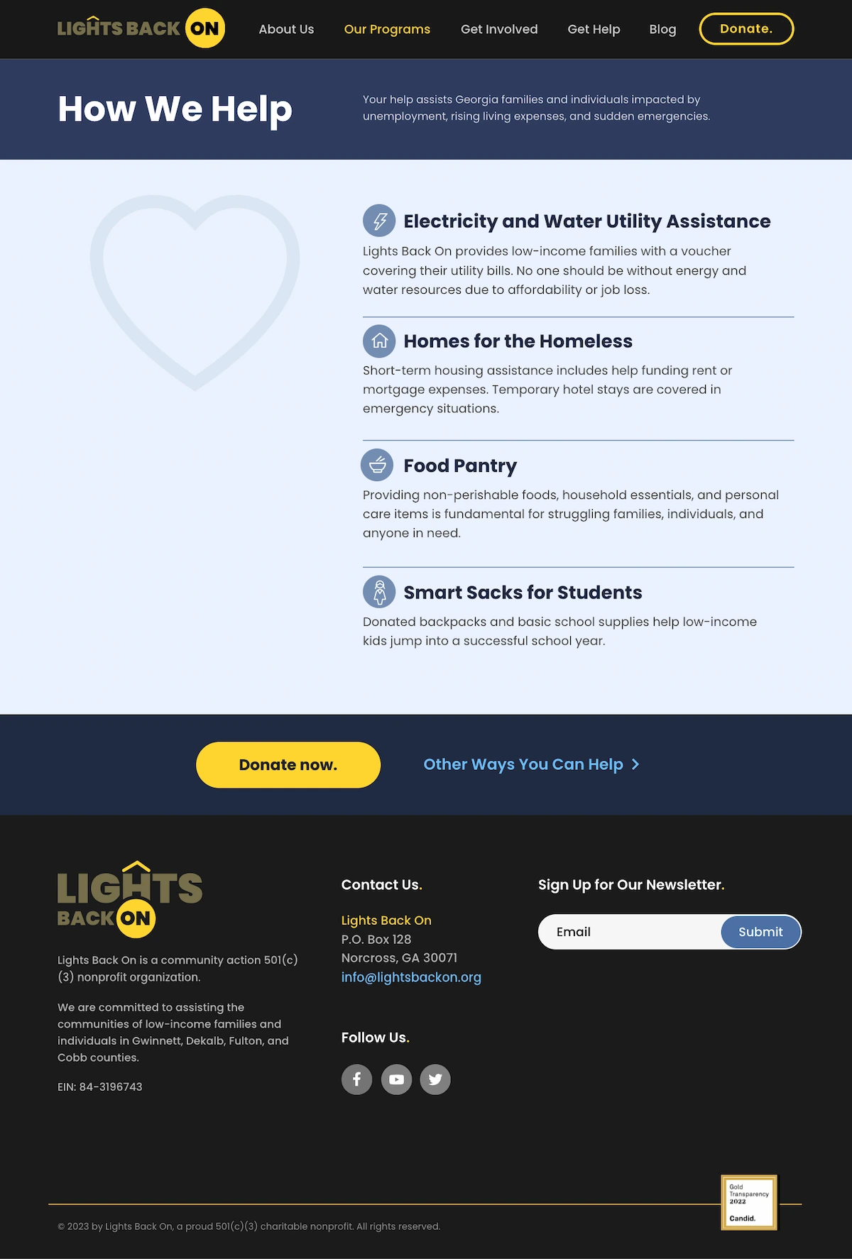 How We Help page showing assistance programs for utility bills, housing, food, and student supplies, with a prominent donate button