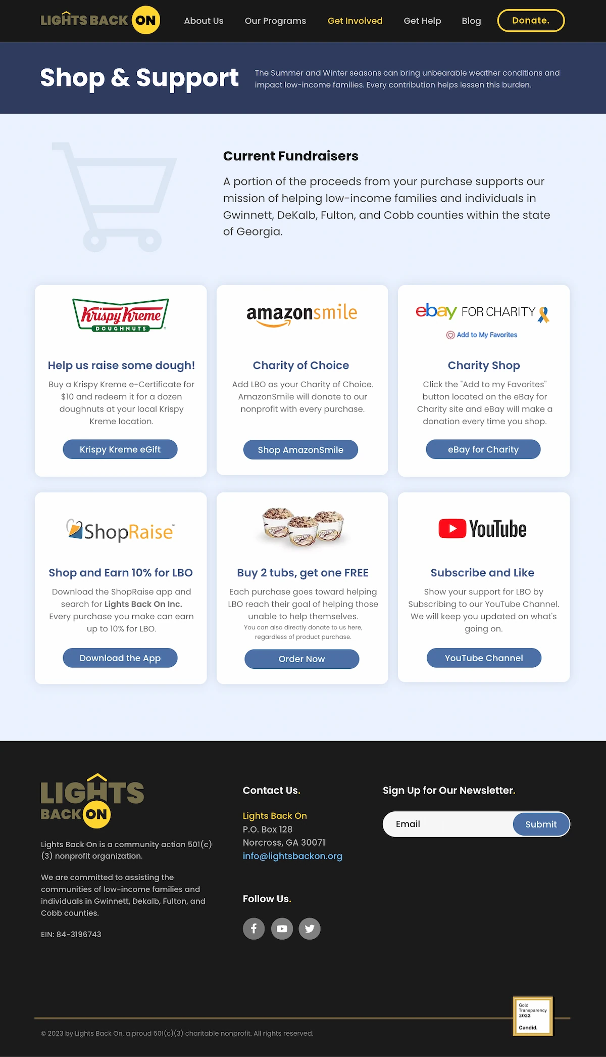 Shop and Support page showing fundraising options like Amazon Smile, ShopRaiser, Krispy Kreme, YouTube links, eBay for Charity, and cookie orders