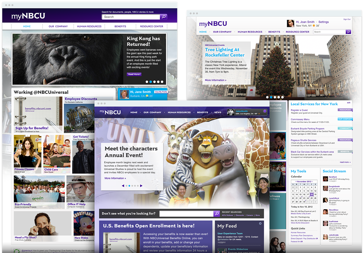 Three comps showcasing possible visual and content directions