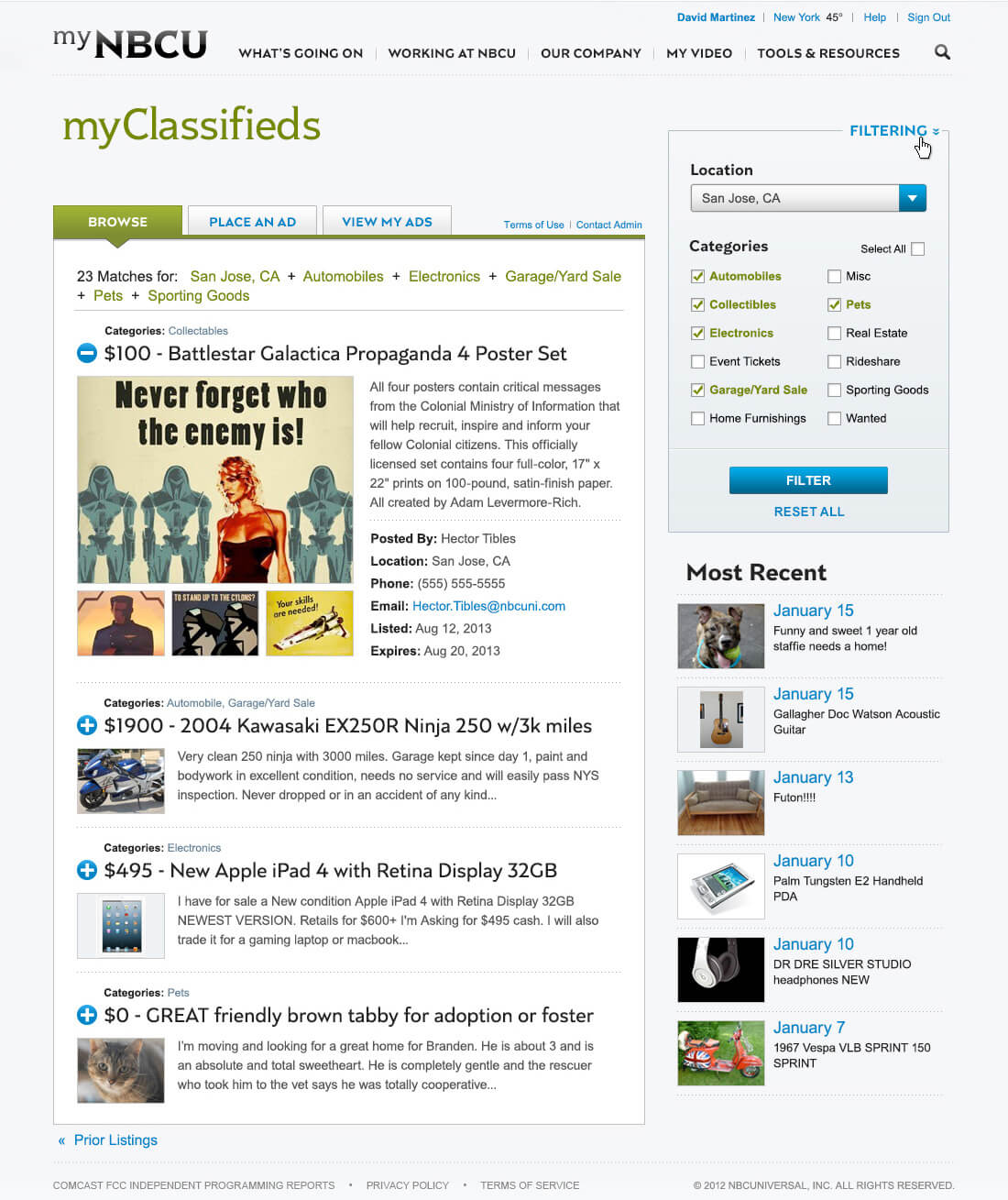 Classifieds page with filters applied