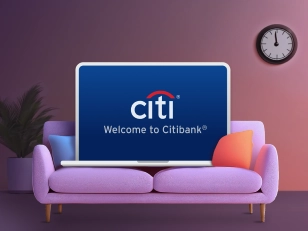 Illustration of a computer on a pink couch displaying the Citibank logo