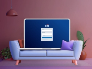 Illustration of a computer on a pink couch displaying the Citibank logo
