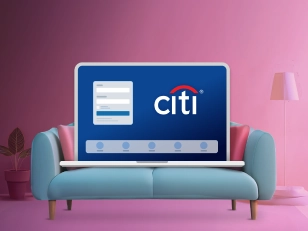 Illustration of a computer on a light blue couch displaying the Citibank login module