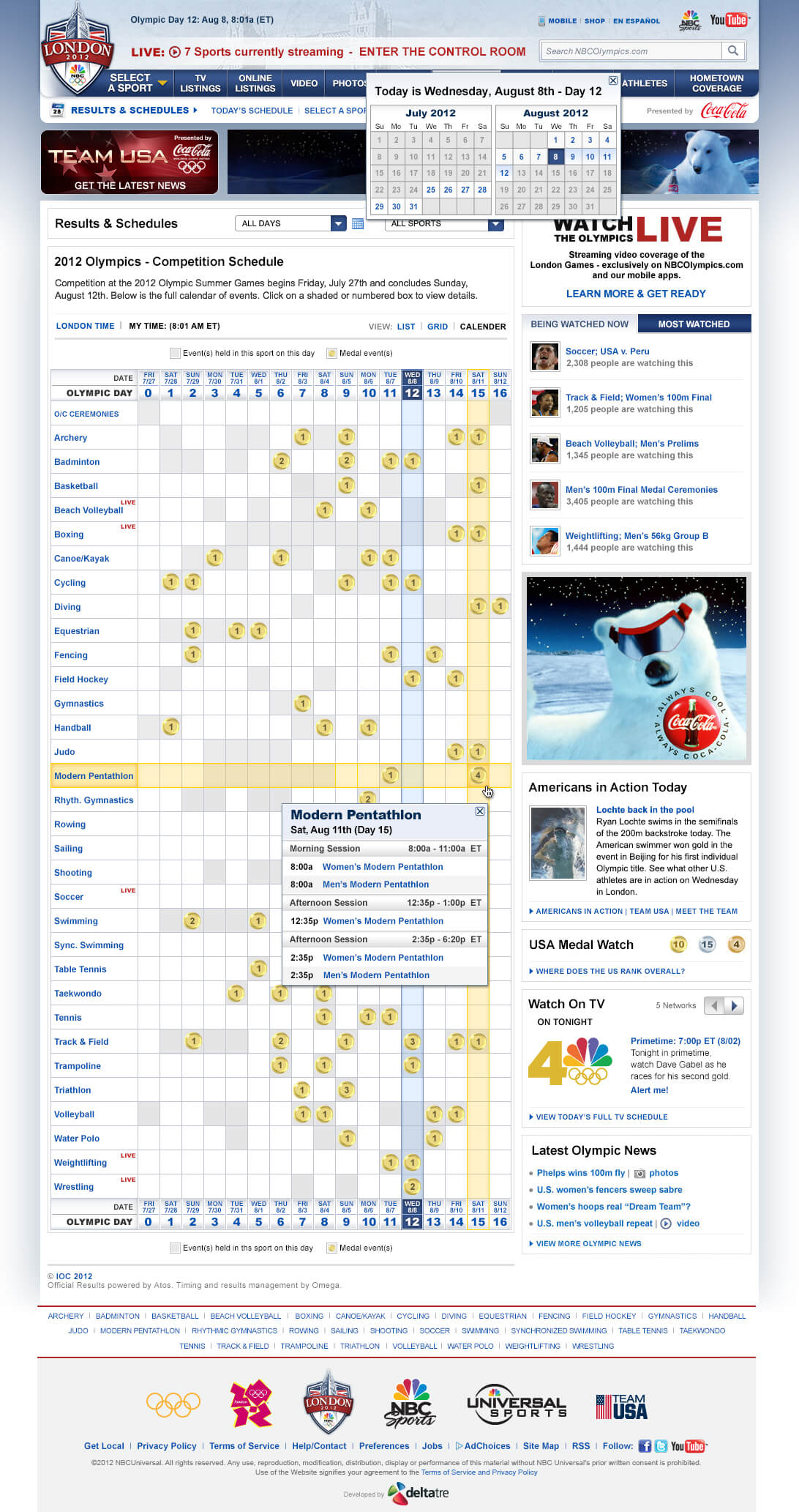 Specific Date selected, active sports highlighted with all sports listed