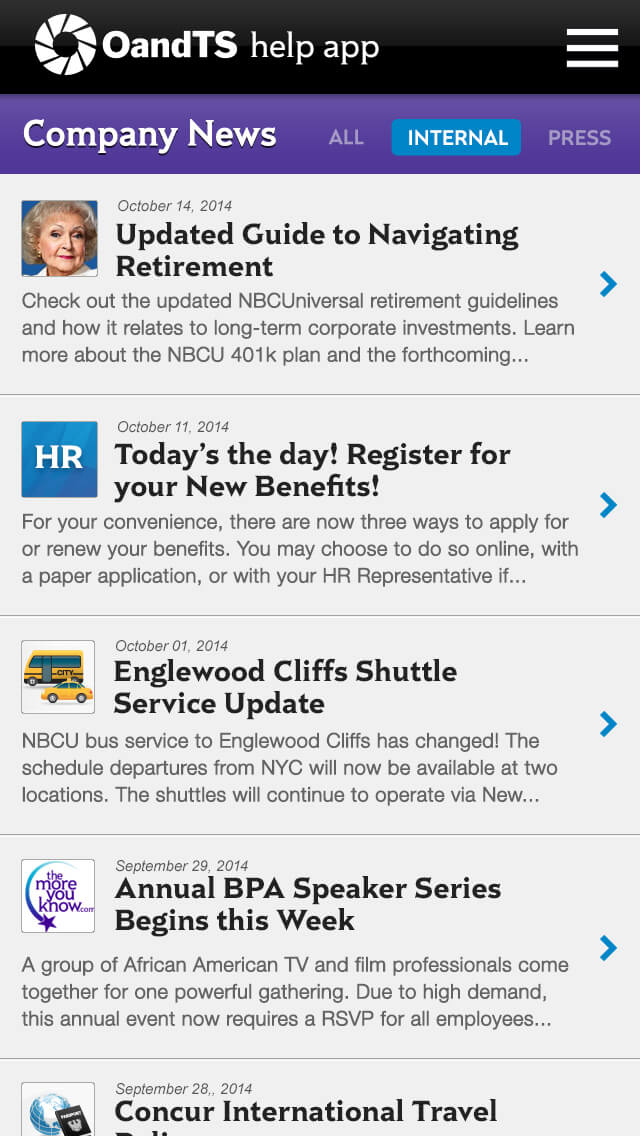 Internal tab selected showing list of articles