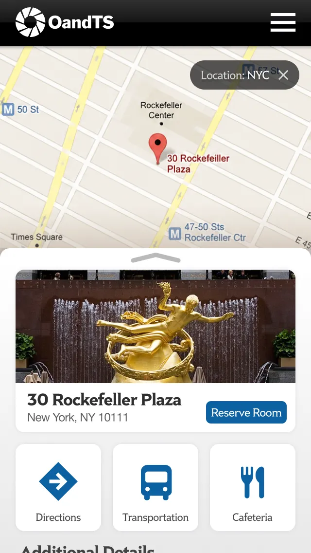 Information for 30 Rockefeller Plaza. At the top is a map of Midtown Manhattan centered on Rockefeller Center with a red pin on 30 Rockefeller Plaza