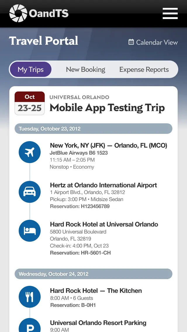 My Trips selected in the Travel Portal section. Trip title is Universal Orlando Mobile Testing Trip, Oct 23-25.