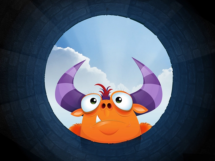 Horned orange guy looking into a tunnel