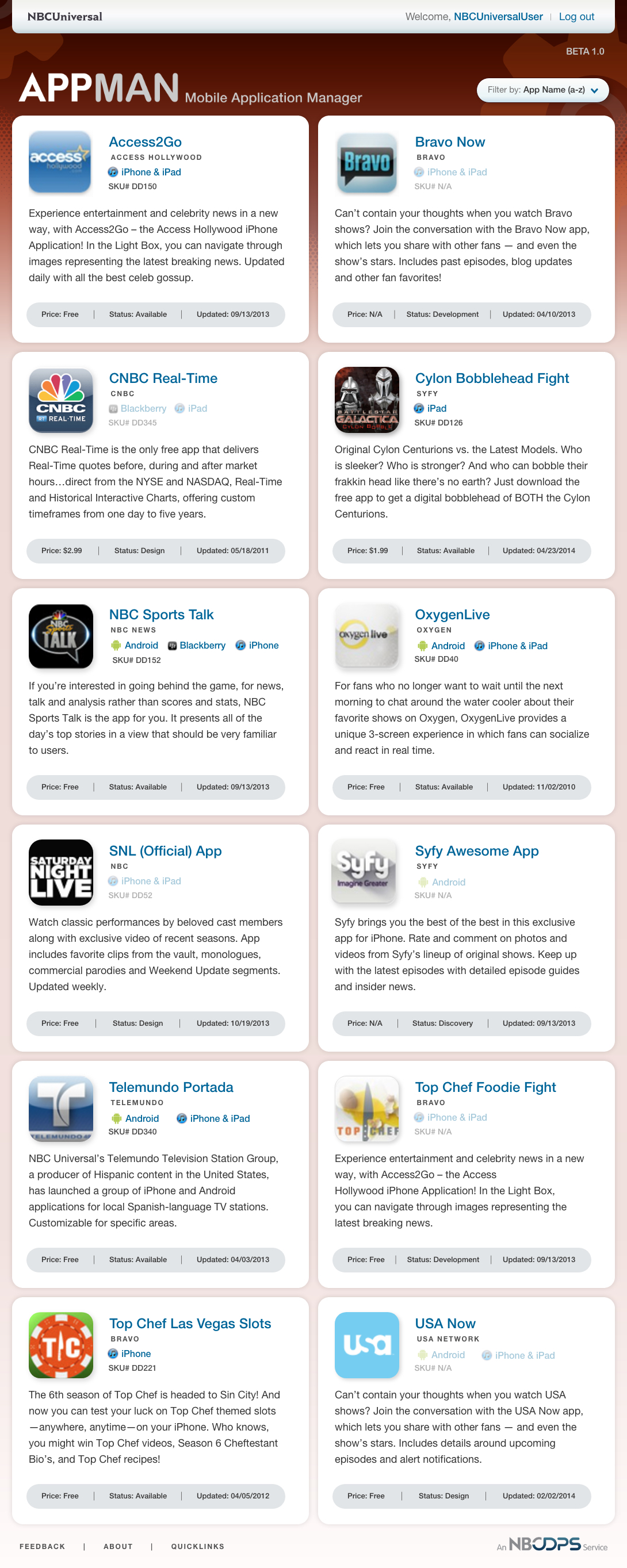Apps filteted alphabetically