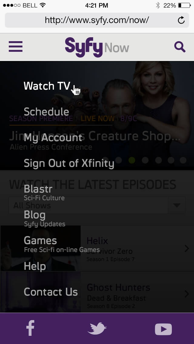 Watch, Schedule, Account, Sign out, Blastr, Blog, Games, Help, Contact, Social links
