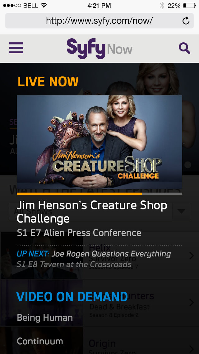 Currently Live thumbnail and progress bar