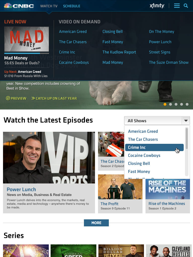 Live show info, next show, VOD