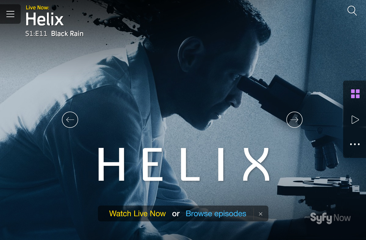 Helix poster art with options to watch live or browse episodes