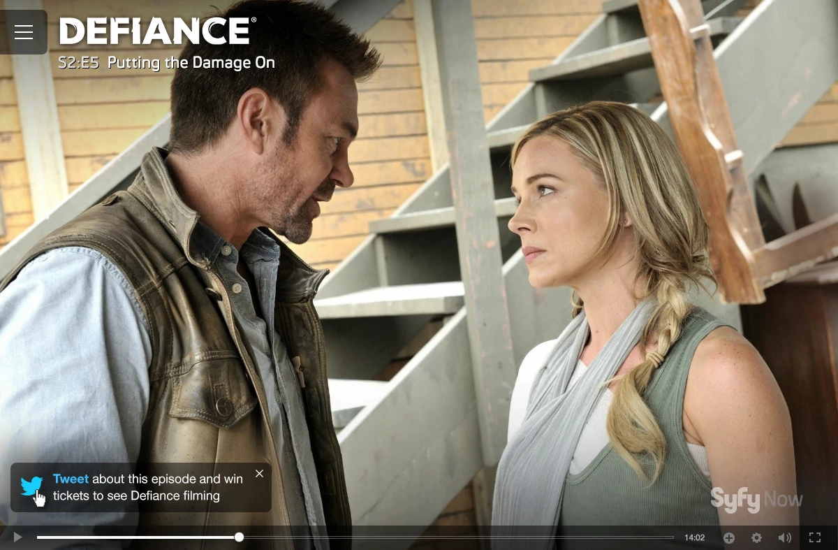 VOD playing latest episode and showing small promo overlay in corner to tweet to win tickets to an episode filming