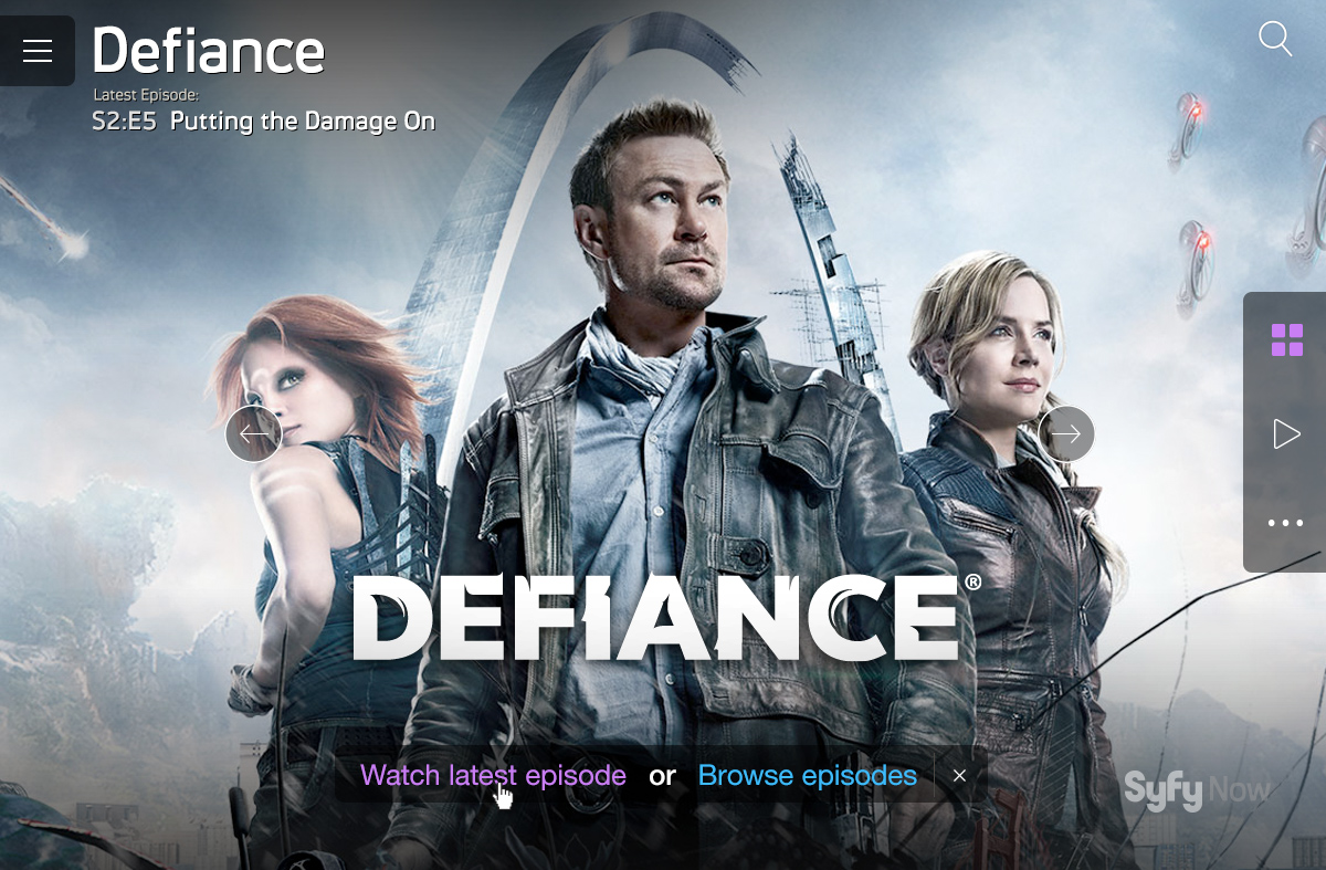 Defiance show art with watching options: the latest episode or browse