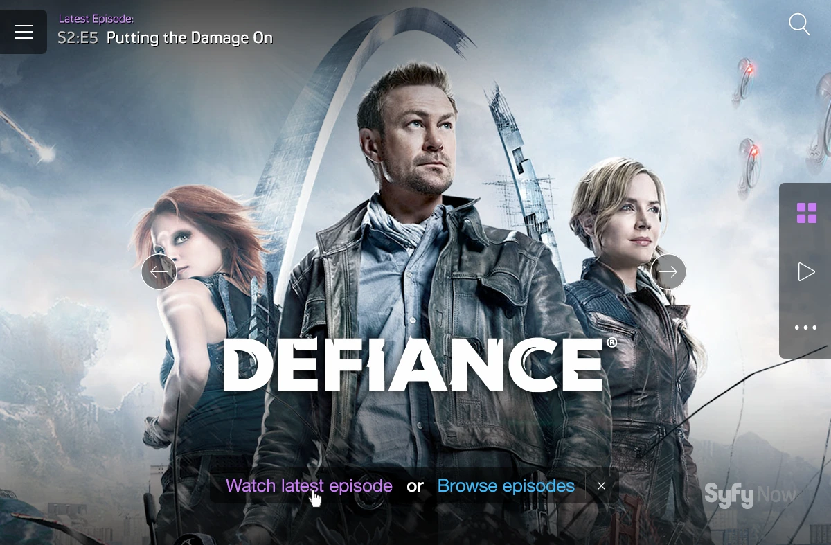 Defiance show art with watching options: the latest episode or browse