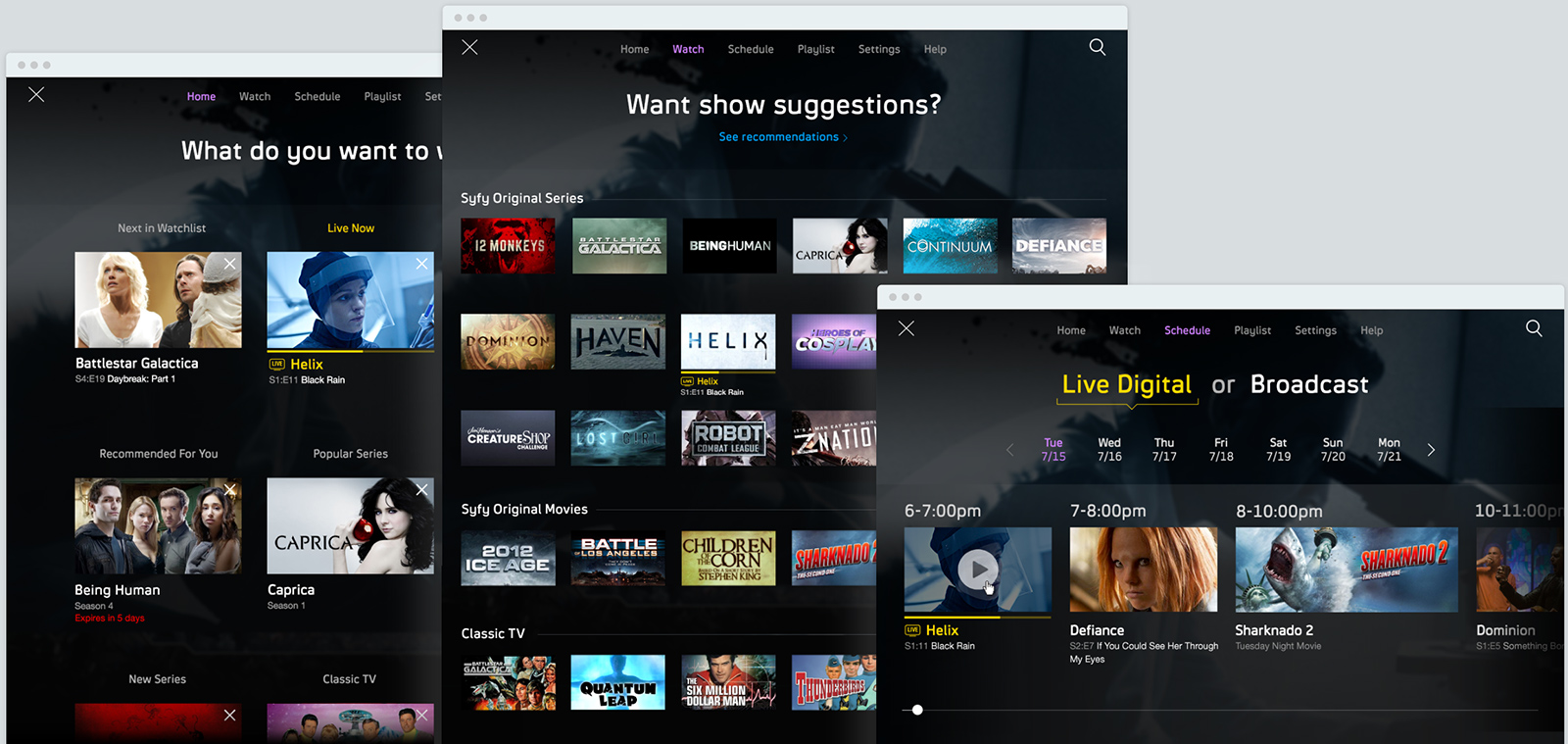 Three screens showing available content