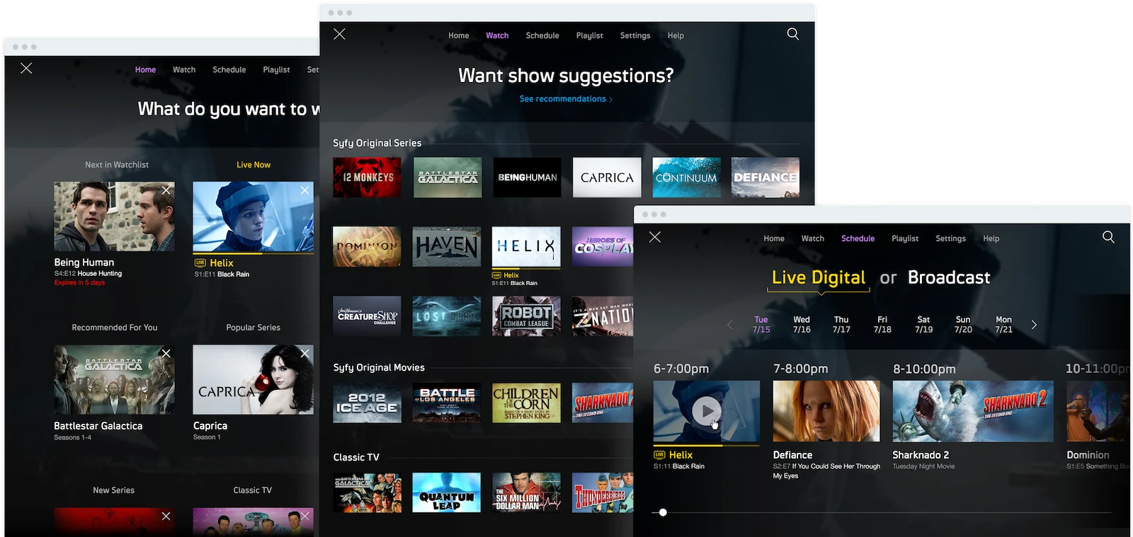 Three screens showing available content