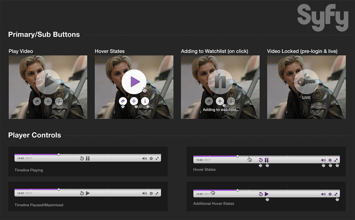 Palette info, Primary, secondary button specs, general player controls and hover states