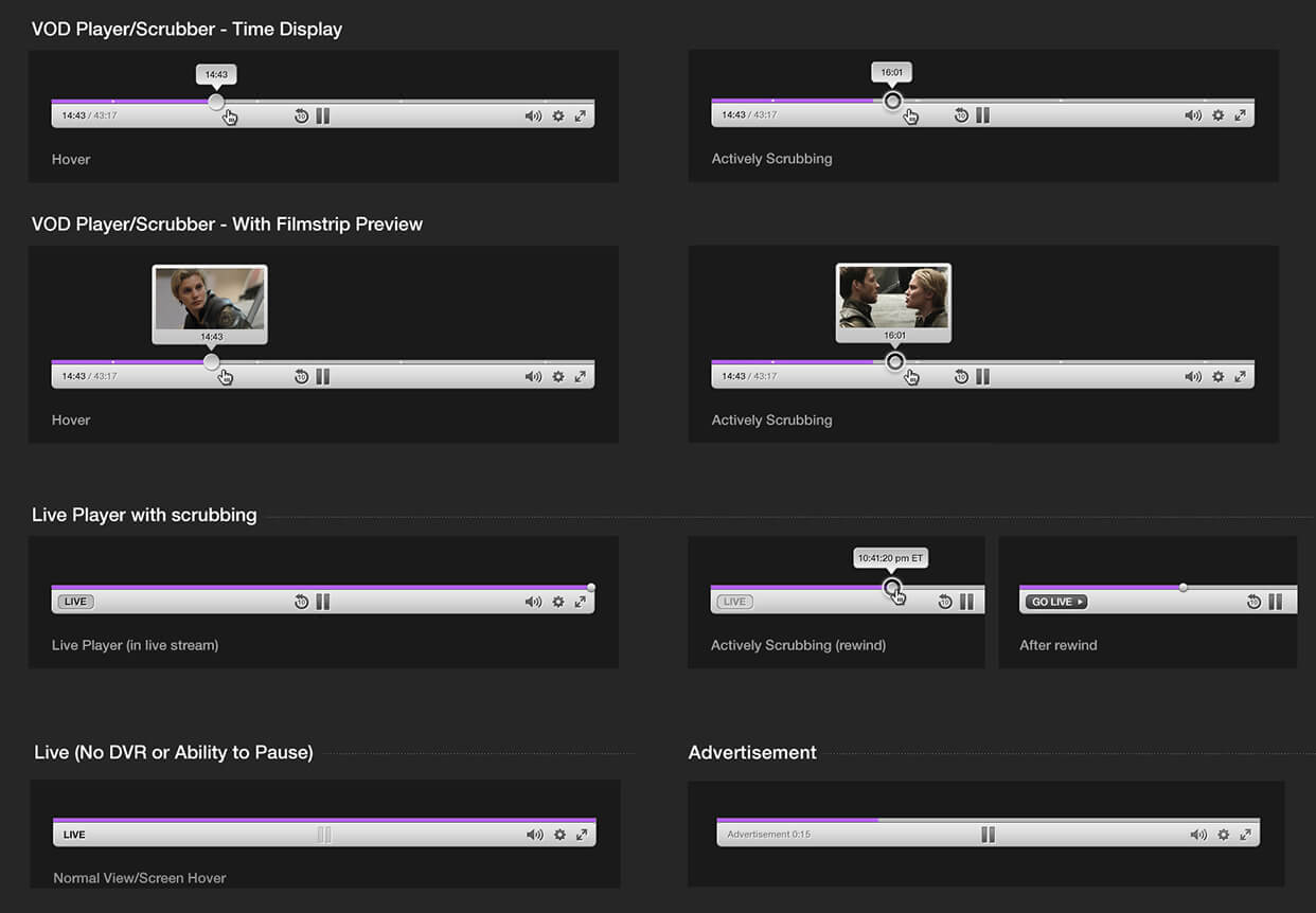 VOD Player, time display, scrubber and filmstrip preview, live player controller