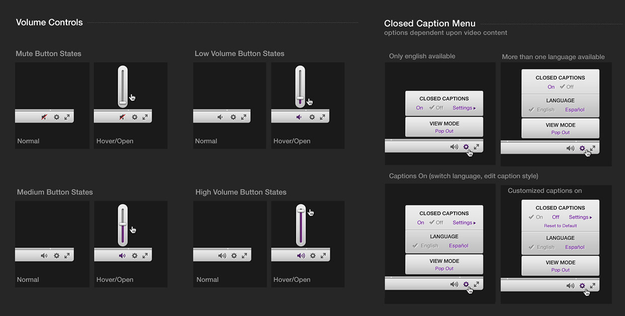 Volume controls, close caption options