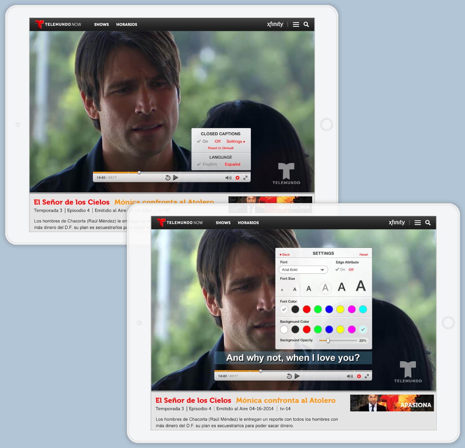 tablets showing close captions options and displaying captions enabled on video